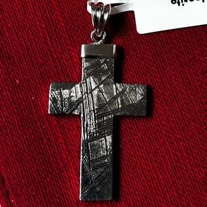 Natural Muonionalusta Large Meteorite Beveled Cross Silver Pendant 925 Unisex